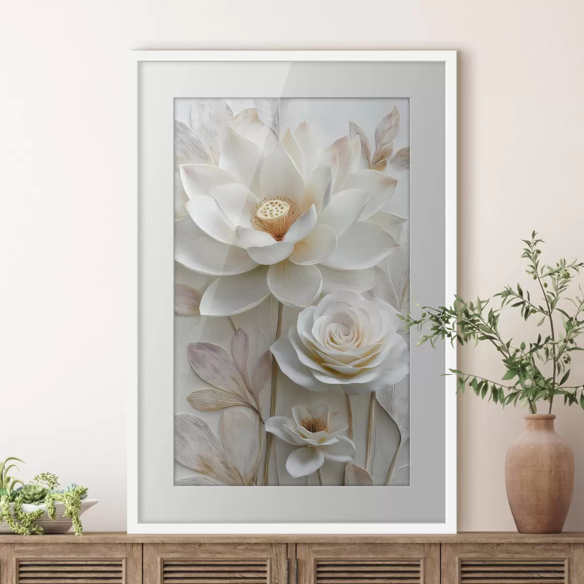 Poster Fiori di loto e rose in tenui tonalità crema, in stile pittura a olio f48214