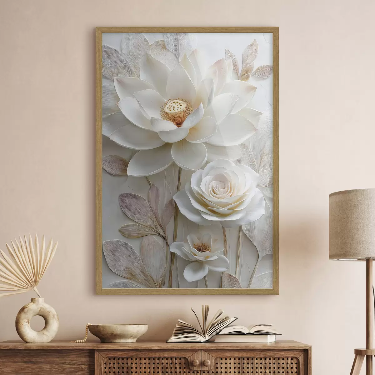 Poster Fiori di loto e rose in tenui tonalità crema, in stile pittura a olio f48214