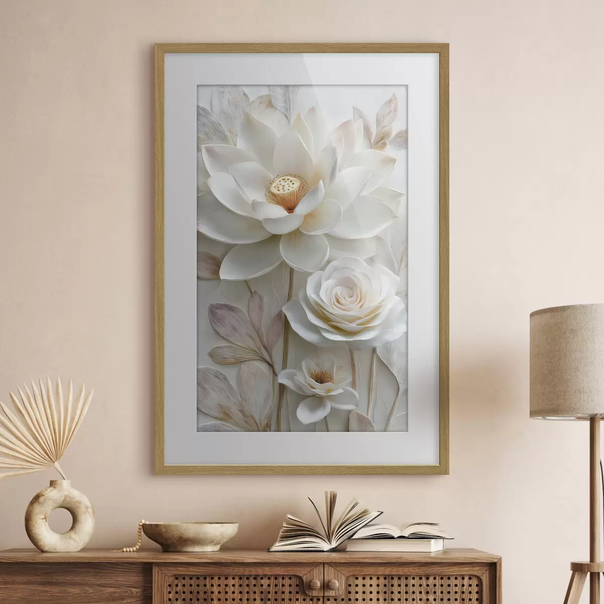 Poster Fiori di loto e rose in tenui tonalità crema, in stile pittura a olio f48214