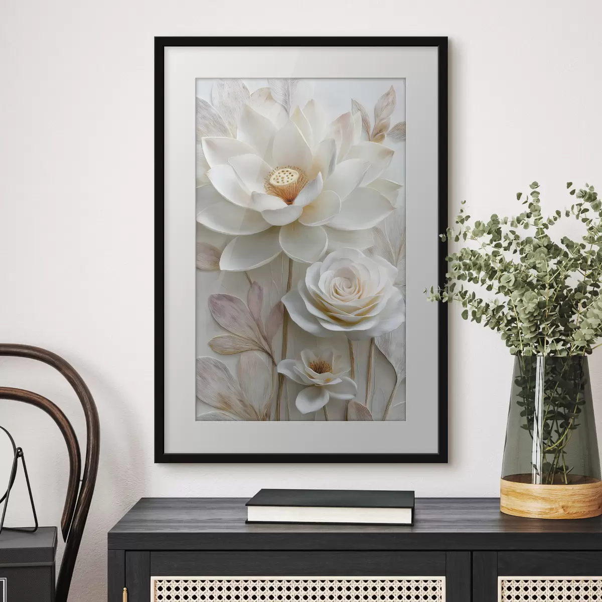 Poster Fiori di loto e rose in tenui tonalità crema, in stile pittura a olio f48214