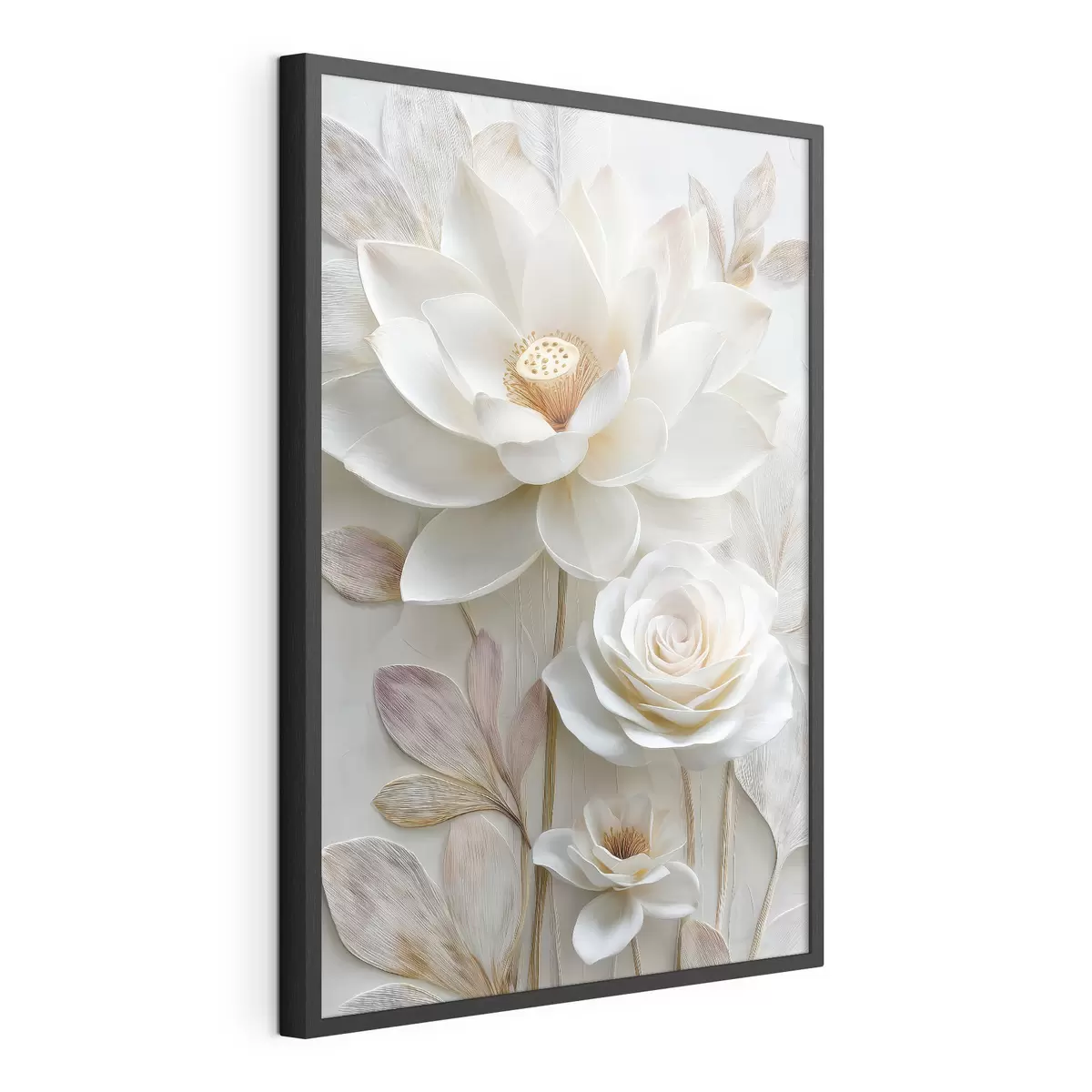 Poster Fiori di loto e rose in tenui tonalità crema, in stile pittura a olio f48214