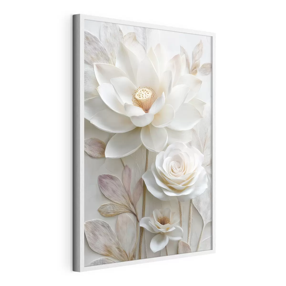 Poster Fiori di loto e rose in tenui tonalità crema, in stile pittura a olio f48214