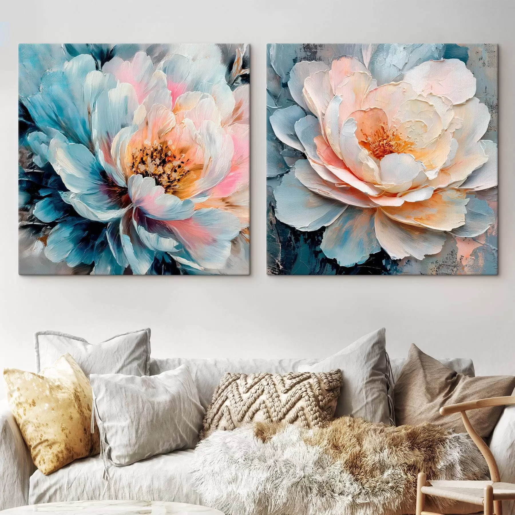 carta da parati Composizione floreale astratta in una palette di colori rosa e blu con petali dalla texture particolare nr. m30148