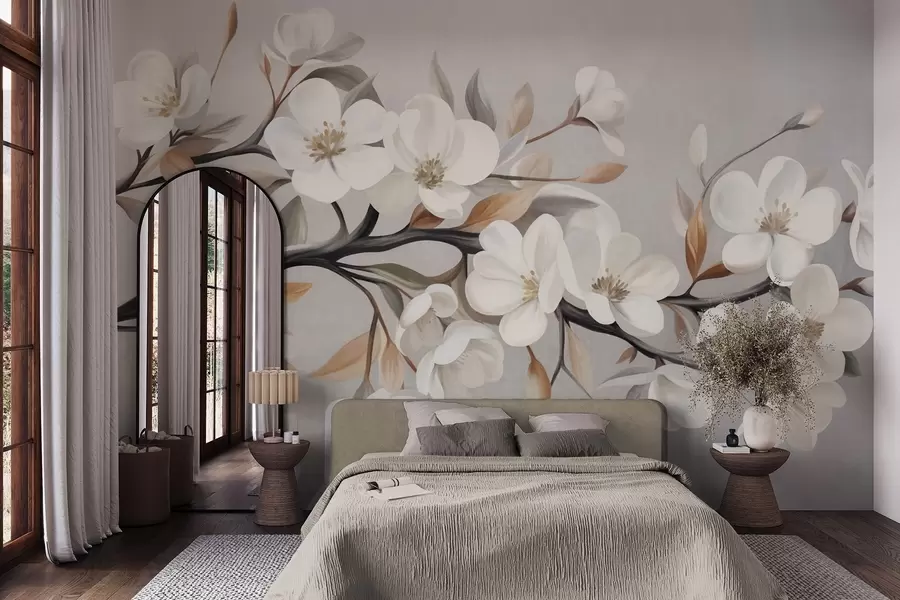 Carta da parati Floreale Ramo con texture, fiori bianchi e foglie marroni su uno sfondo grigio chiaro n. w09817