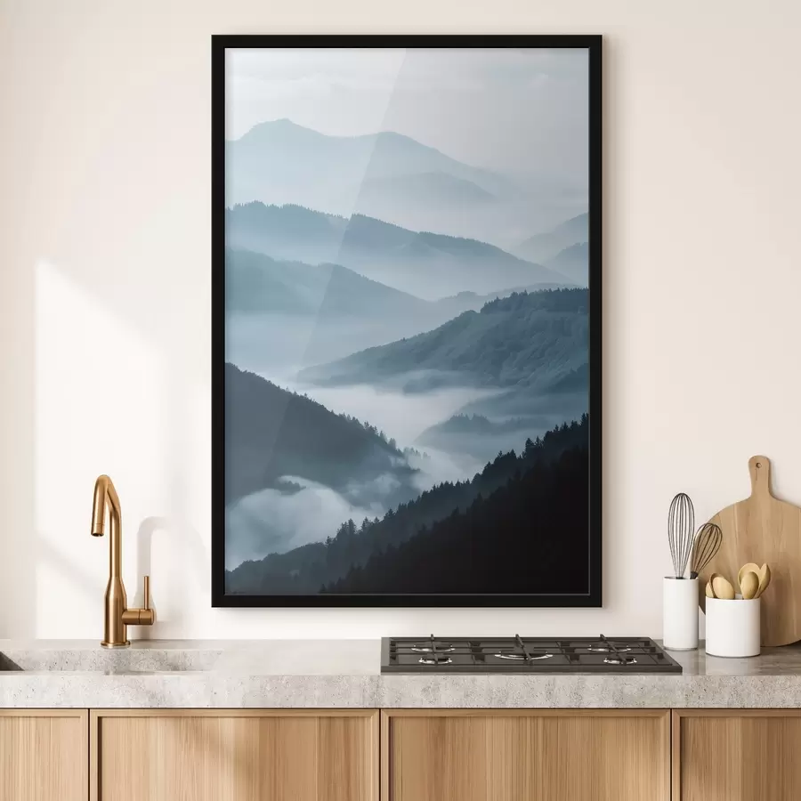 carta da parati Montagne avvolte nella nebbia, paesaggio blu nr. f48567