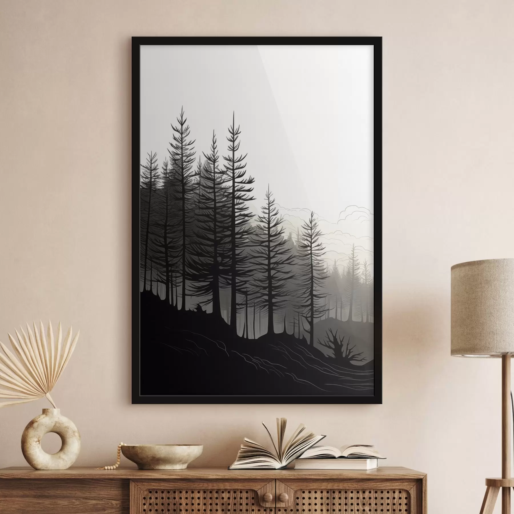 carta da parati Foresta nebbiosa, paesaggio in bianco e nero nr. f48573