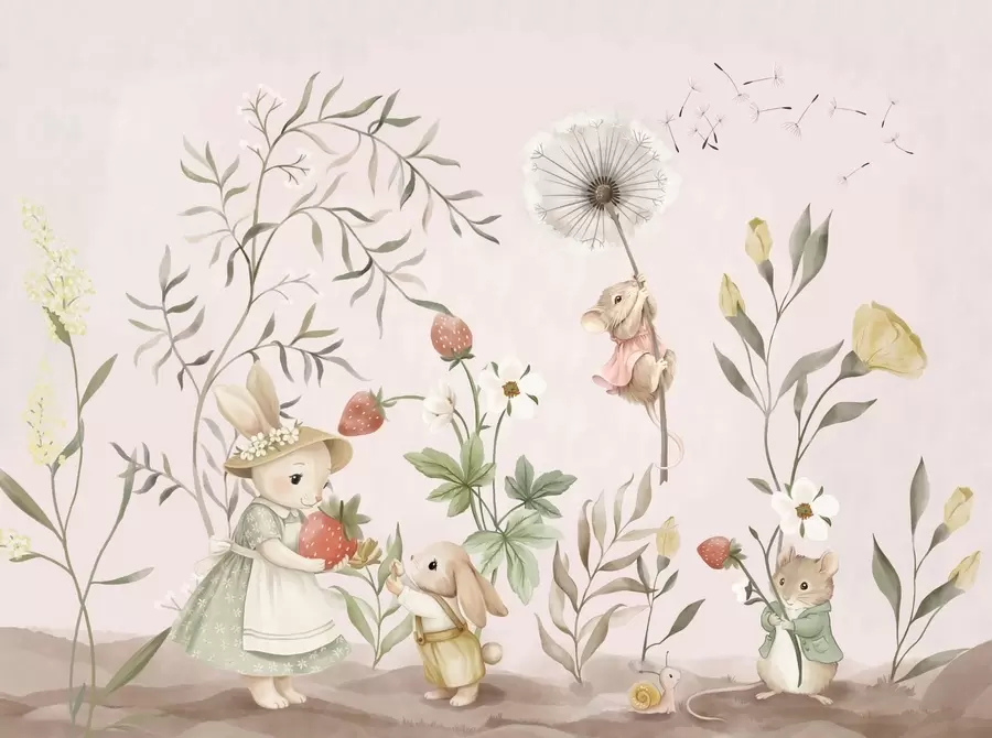 carta da parati Illustrazione di animali con fragole su uno sfondo rosa tenue nr. w05422v1