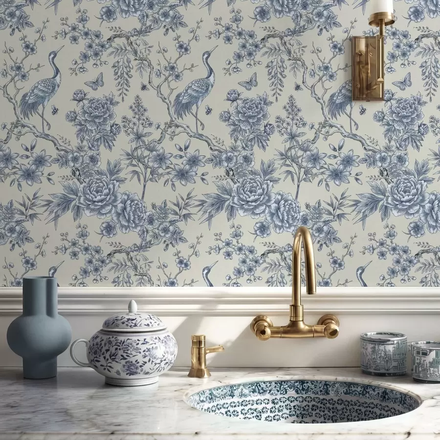 carta da parati Ornamento floreale blu con uccellino e rami nr. a01132