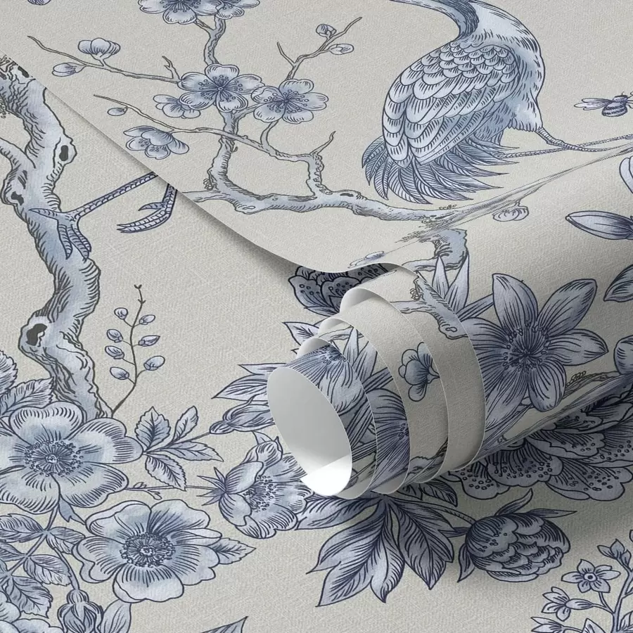 carta da parati Ornamento floreale blu con uccellino e rami nr. a01132