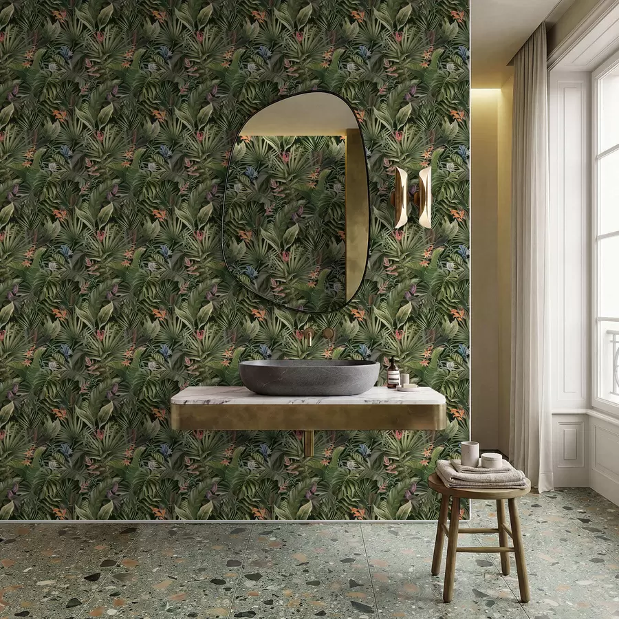 carta da parati Foglie tropicali con fiori su sfondo scuro nr. a01153