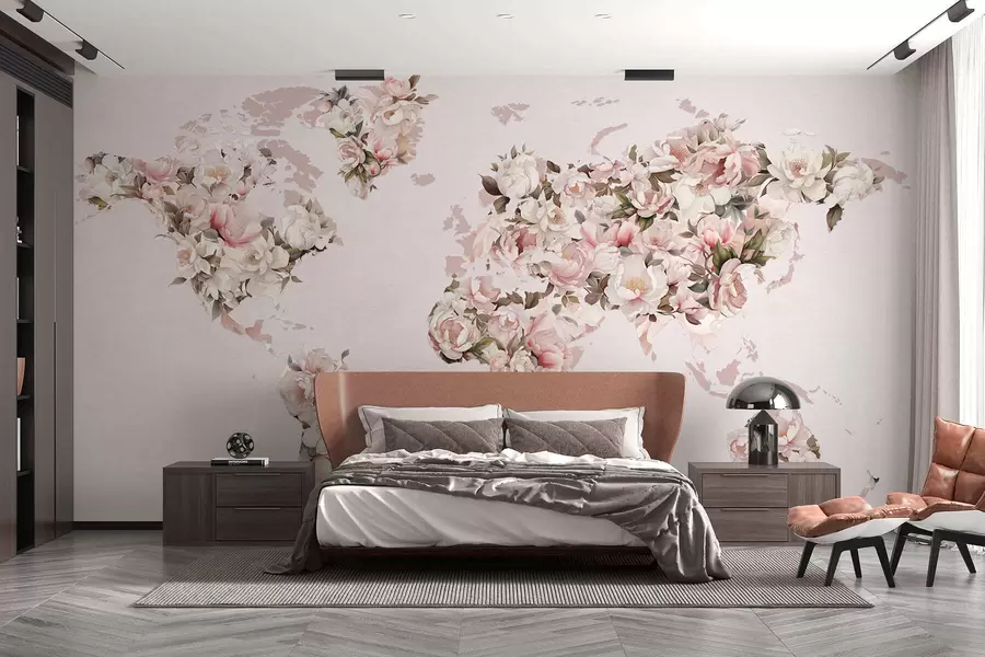 carta da parati Una mappa del mondo rosa composta da grandi peonie bianche e rosa nr. c00005