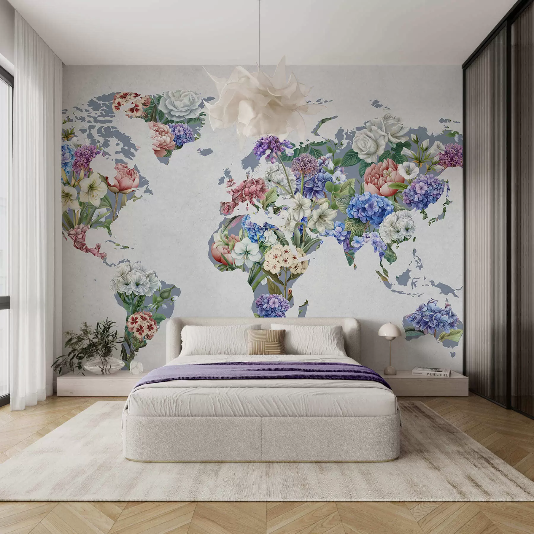 carta da parati Una mappa del mondo colorata, realizzata con una varietà di fiori dai colori vivaci nr. c00006
