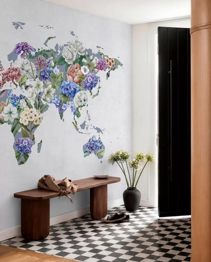 carta da parati Una mappa del mondo colorata, realizzata con una varietà di fiori dai colori vivaci nr. c00006