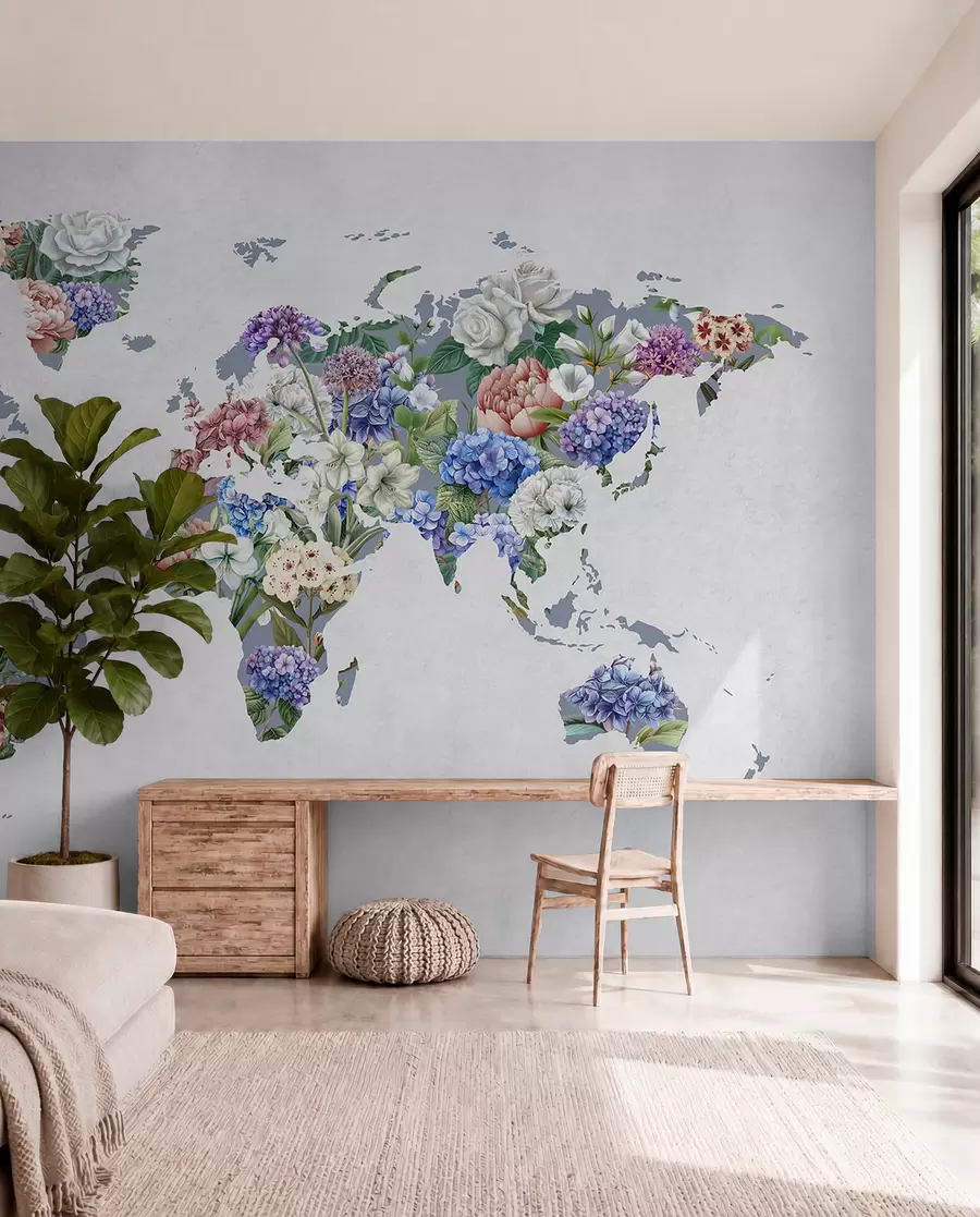 carta da parati Una mappa del mondo colorata, realizzata con una varietà di fiori dai colori vivaci nr. c00006