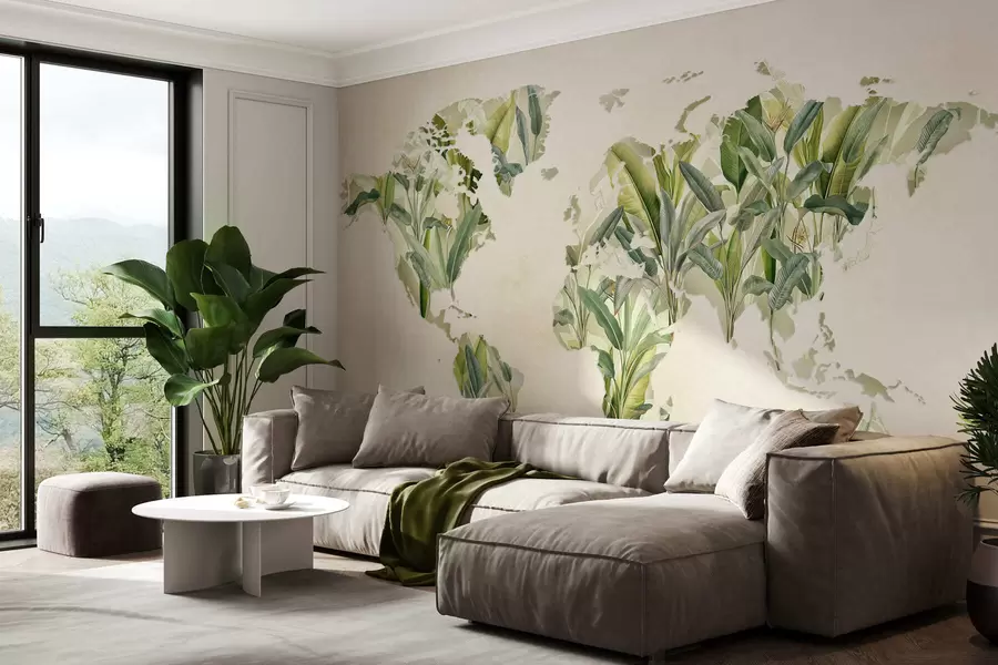 carta da parati Una mappa del mondo verde realizzata con foglie di banano nr. c00007