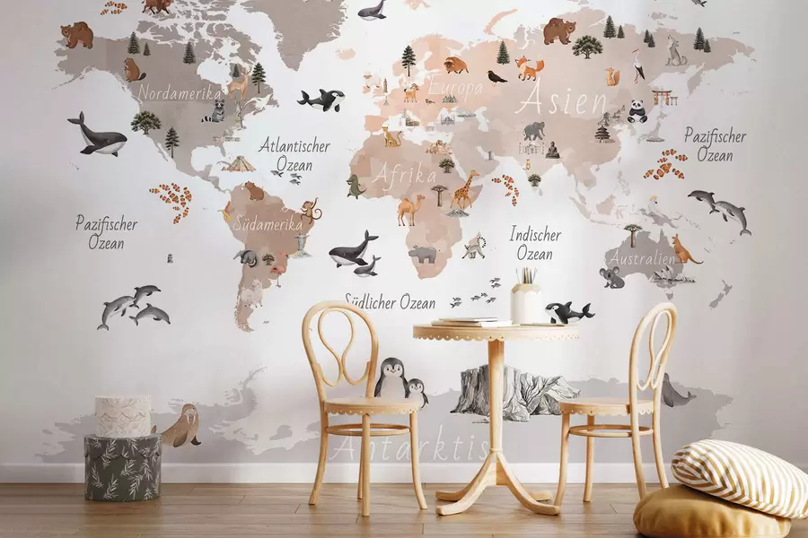 carta da parati Una mappa in stile acquerello dai toni del beige con animali, piante ed edifici. Didascalie in tedesco nr. c00009dev3