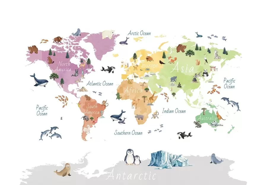 carta da parati Una mappa a colori in stile acquerello che raffigura animali, piante ed edifici. Didascalie in inglese nr. c00009en