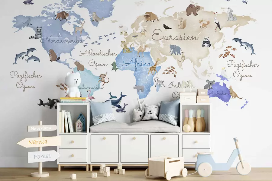 Carta da parati per Bambini Una mappa blu in stile acquerello con animali. Etichette in tedesco 