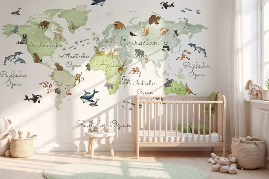 Carta da parati per Bambini Una mappa verde in stile acquerello con animali. Dettagli in tedesco 