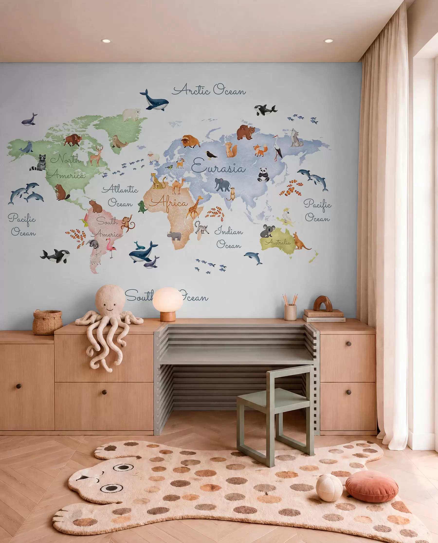 carta da parati Una mappa a colori in stile acquerello con immagini di animali. Didascalie in inglese nr. c00012en