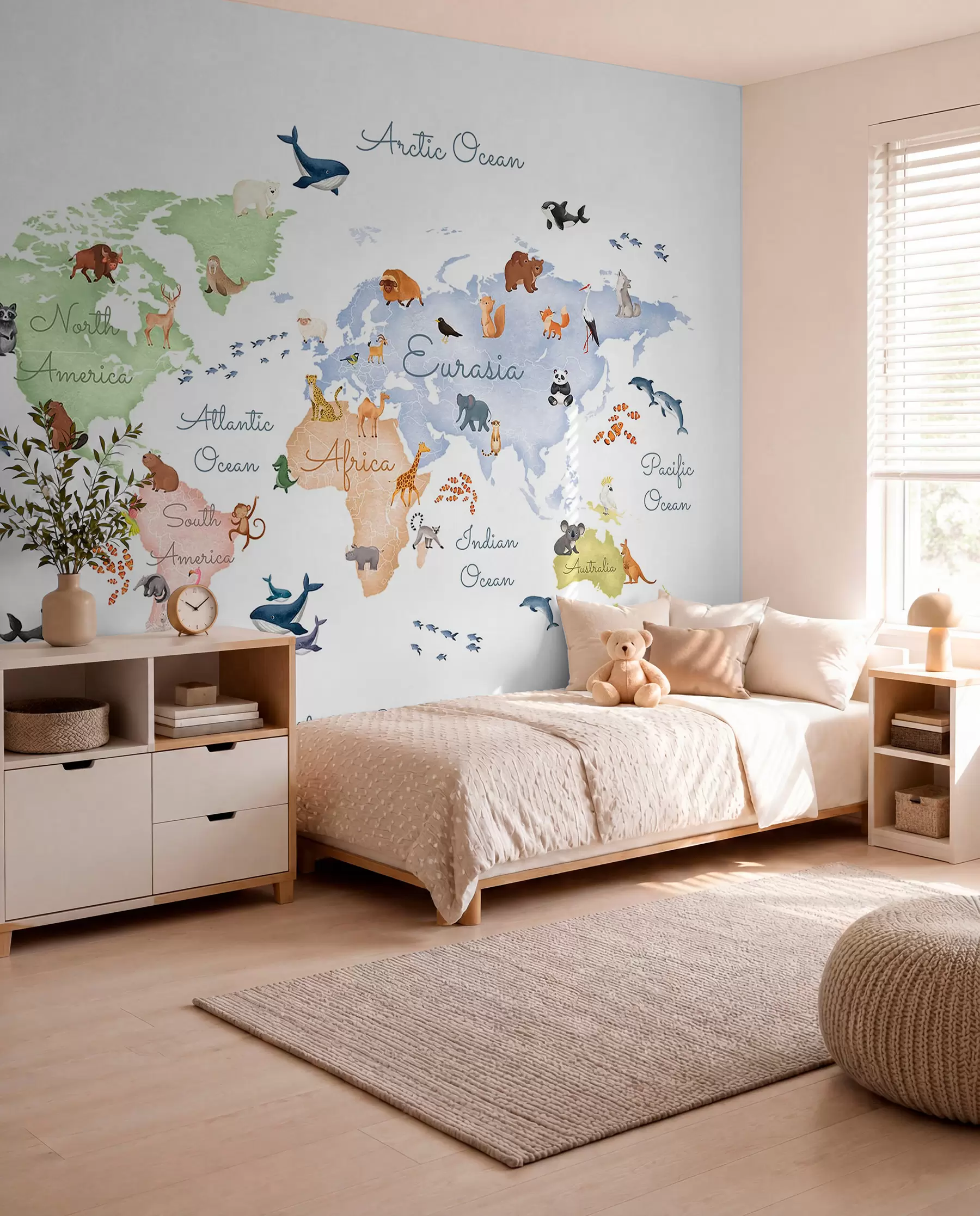 carta da parati Una mappa a colori in stile acquerello con immagini di animali. Didascalie in inglese nr. c00012en