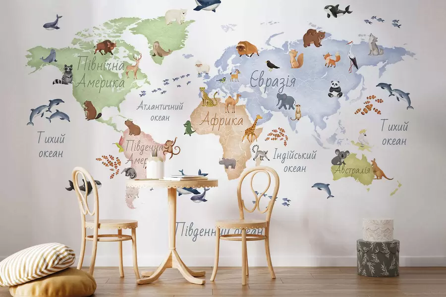 carta da parati Una mappa a colori in stile acquerello con immagini di animali. Didascalie in ucraino nr. c00012uk