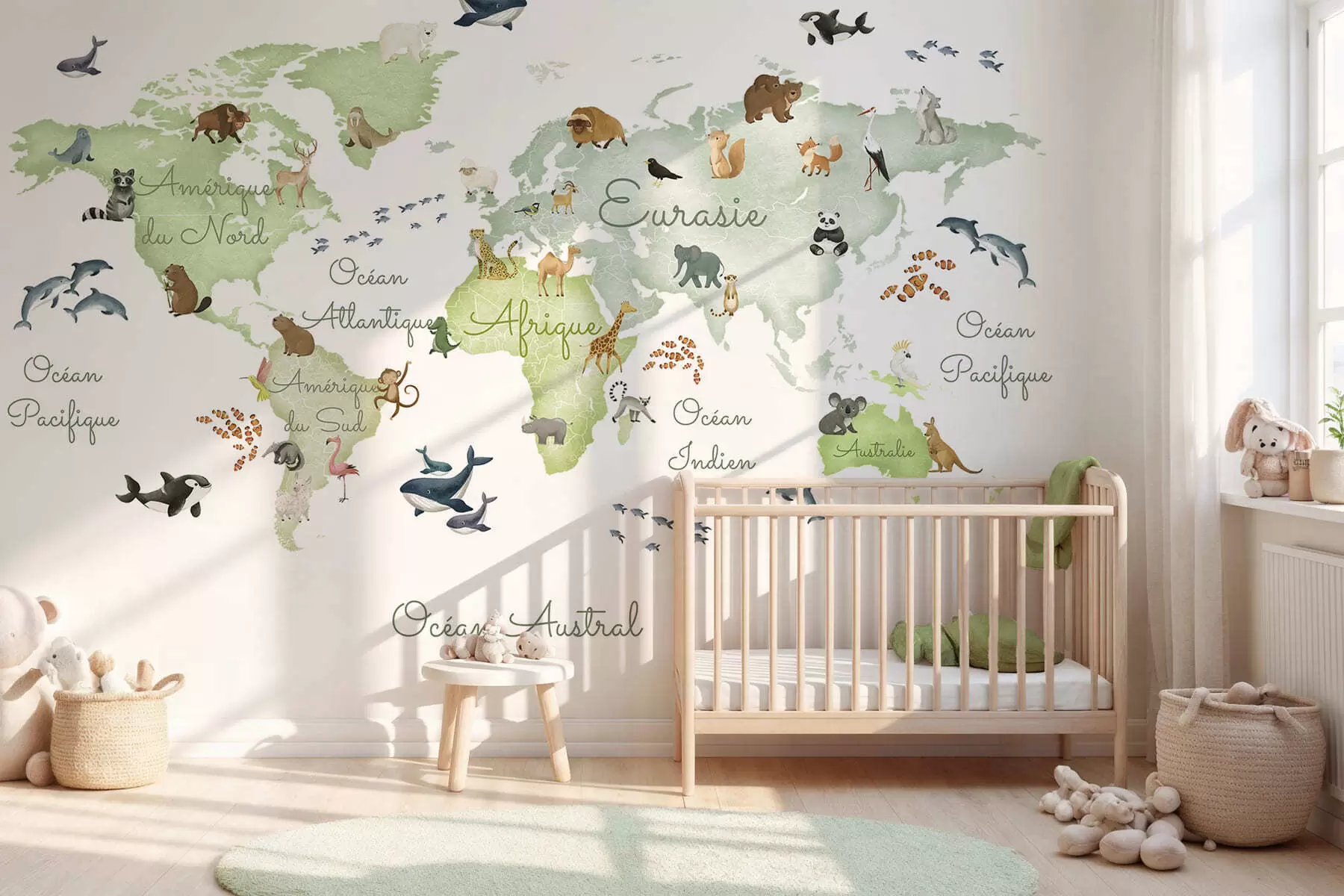 Carta da parati per Bambini Una mappa verde in stile acquerello con animali. Didascalie in francese 