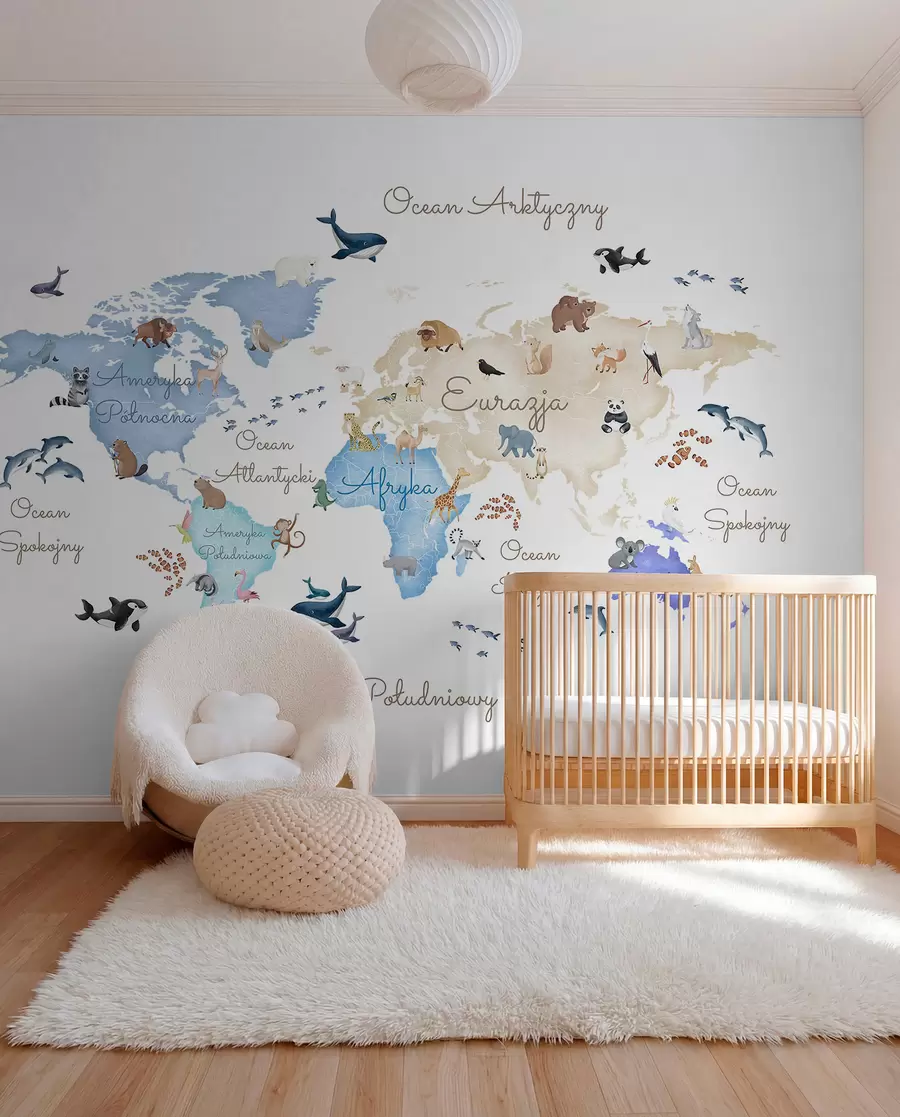 carta da parati Una mappa blu in stile acquerello con animali. Etichette in polacco nr. c00012plv1