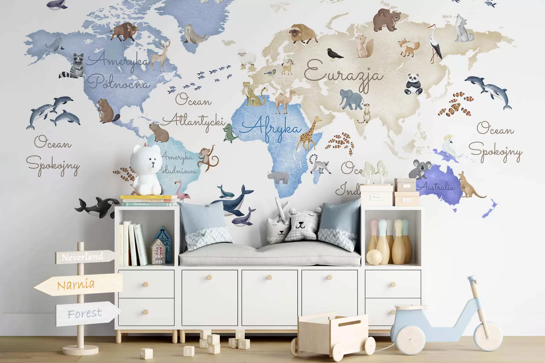 carta da parati Una mappa blu in stile acquerello con animali. Etichette in polacco nr. c00012plv1