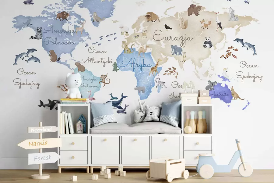 carta da parati Una mappa blu in stile acquerello con animali. Etichette in polacco nr. c00012plv1