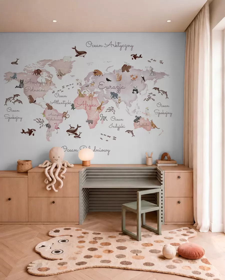 carta da parati Una mappa in stile acquerello dai toni del beige con immagini di animali. Etichette in polacco nr. c00012plv3