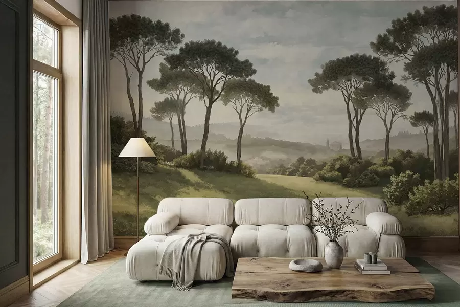 Carta da parati nature Paesaggio con alberi, prato e foschia in lontananza 