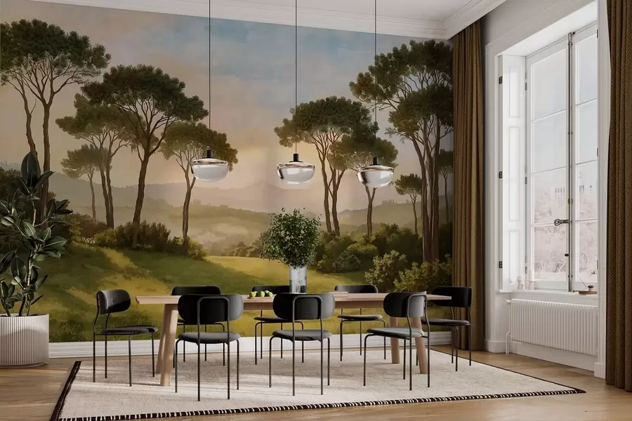 Carta da parati nature Paesaggio con alberi nella calda luce del tramonto 