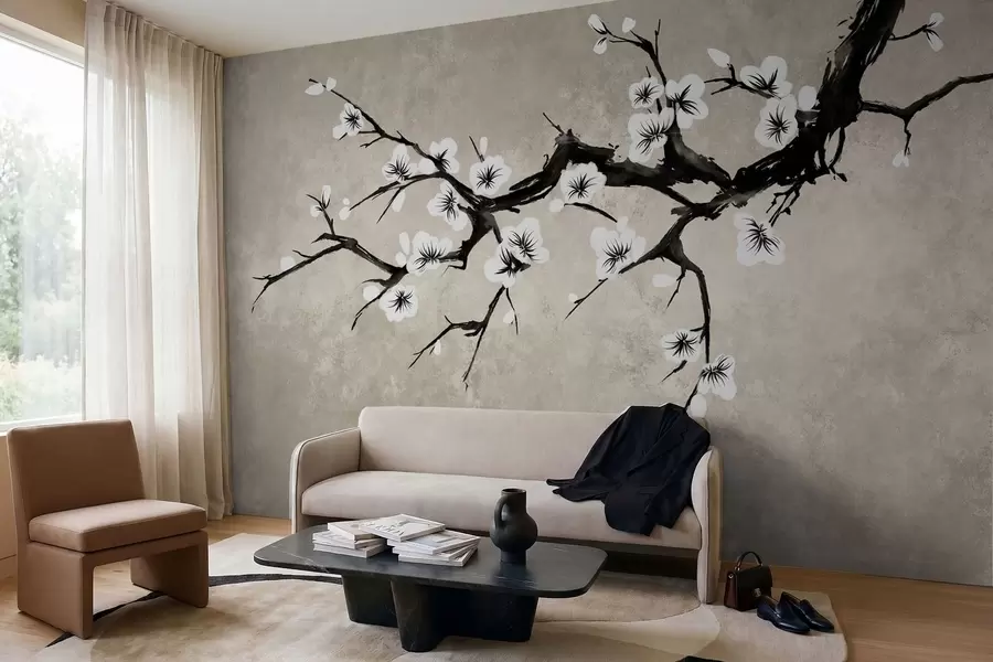 Carta da parati Floreale Ramo con fiori bianchi in stile minimalista n. w05425