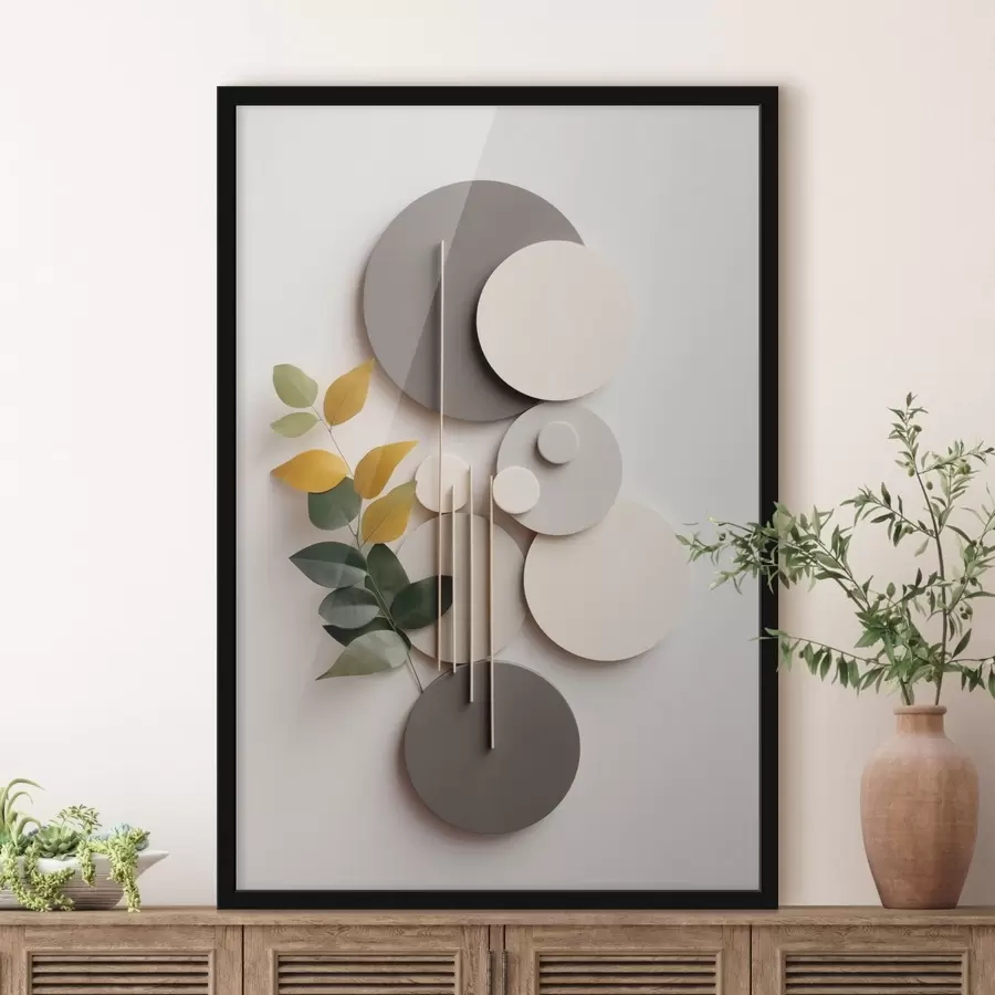 carta da parati Cerchi geometrici con un ramo verde frondoso nr. f48598