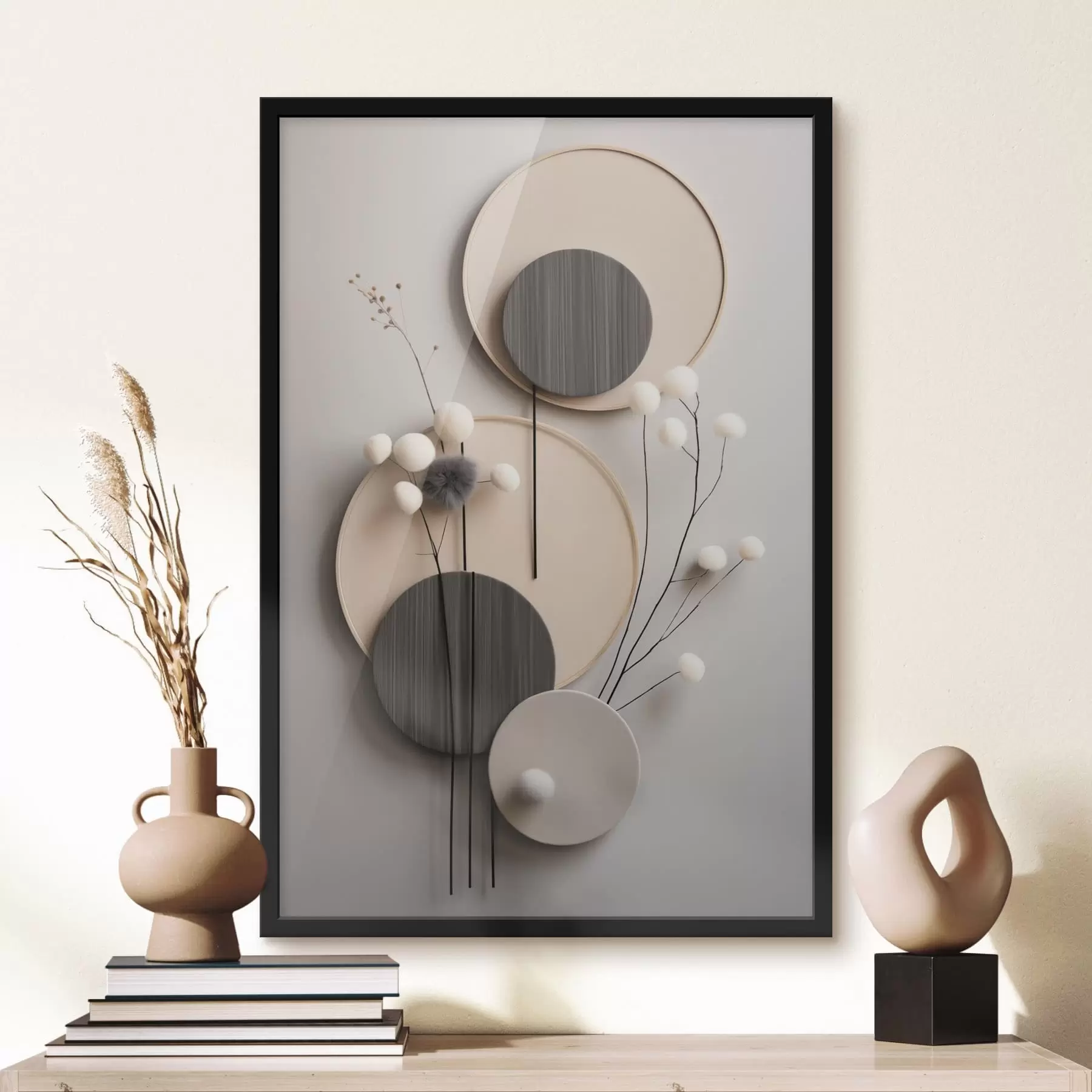 carta da parati Pannelli rotondi con rametti secchi e palline morbide nr. f48601