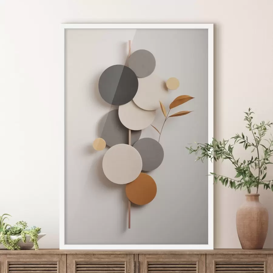 carta da parati Cerchi astratti con foglie in tonalità neutre nr. f48602