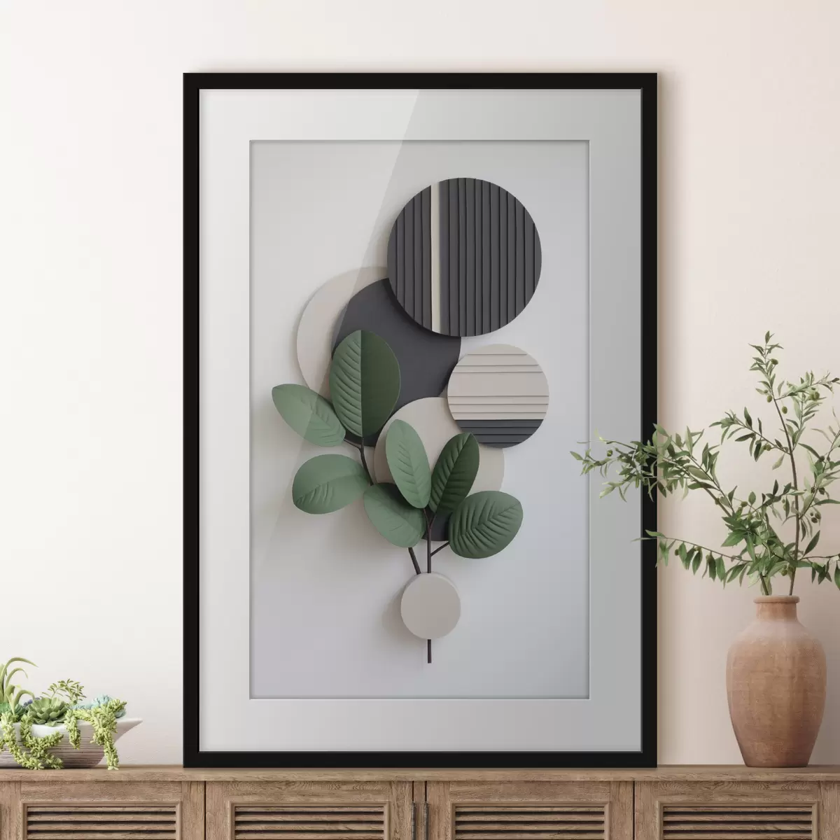Poster Foglie verdi con elementi rotondi in rilievo f48603