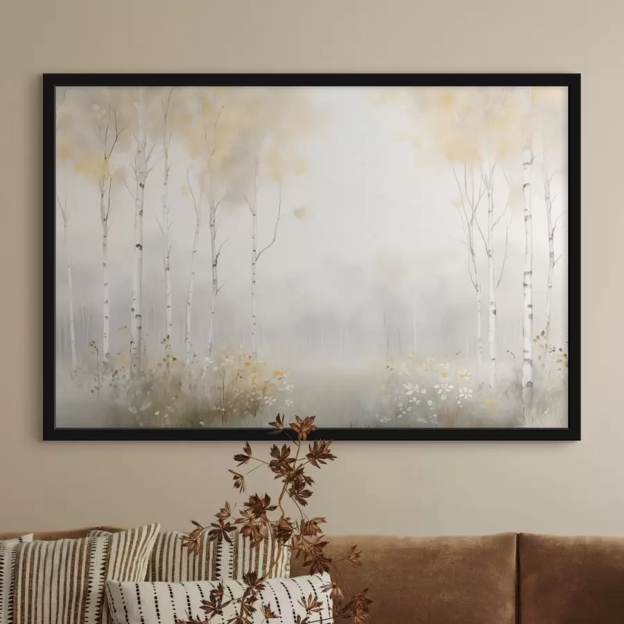 carta da parati Foresta di alberi slanciati nella nebbia, con tenui tonalità di luce nr. f48623