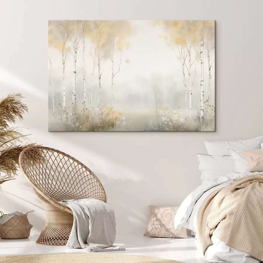 carta da parati Foresta di alberi slanciati nella nebbia, con tenui tonalità di luce nr. s48623