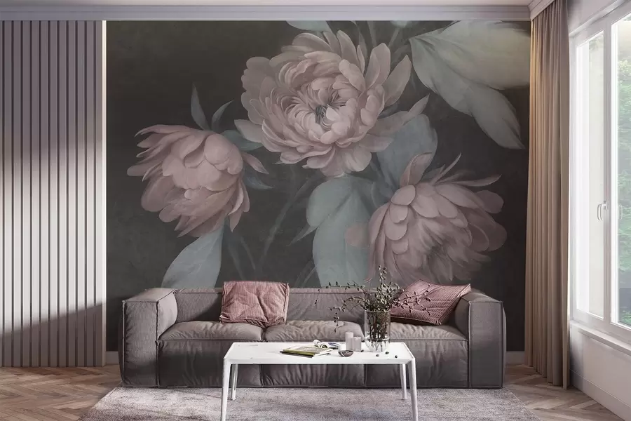 carta da parati Fiori di peonia rosa chiaro con texture e foglie verde tenue su uno sfondo scuro nr. w09751v1