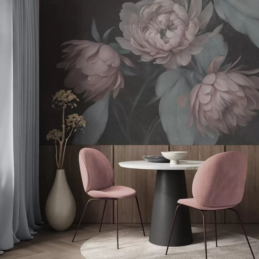 carta da parati Fiori di peonia rosa chiaro con texture e foglie verde tenue su uno sfondo scuro nr. w09751v1