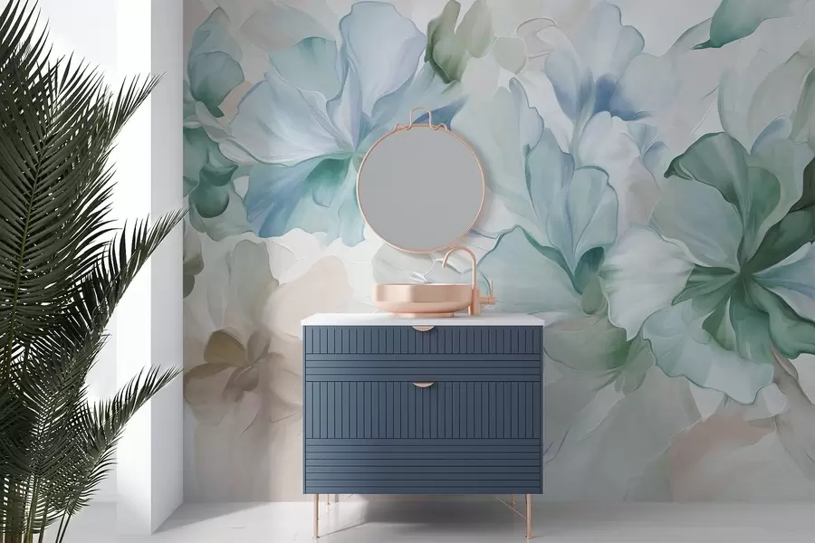 carta da parati Fiori astratti e fantastici nei toni del verde, del blu e del beige, in stile pittorico, arte materica nr. w09767v1