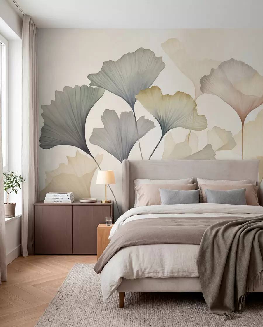 Carta da parati nature Foglie di ginkgo stilizzate in tenui tonalità pastello come il blu, il verde e il pesca, opera d'arte con texture 