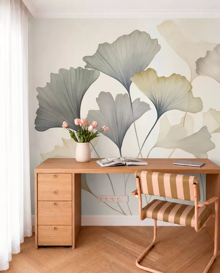 Carta da parati nature Foglie di ginkgo stilizzate in tenui tonalità pastello come il blu, il verde e il pesca, opera d'arte con texture 
