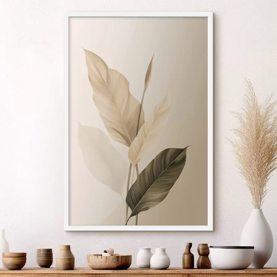 carta da parati Grandi foglie tropicali nei toni del beige e del marrone, su uno sfondo chiaro nr. f48725