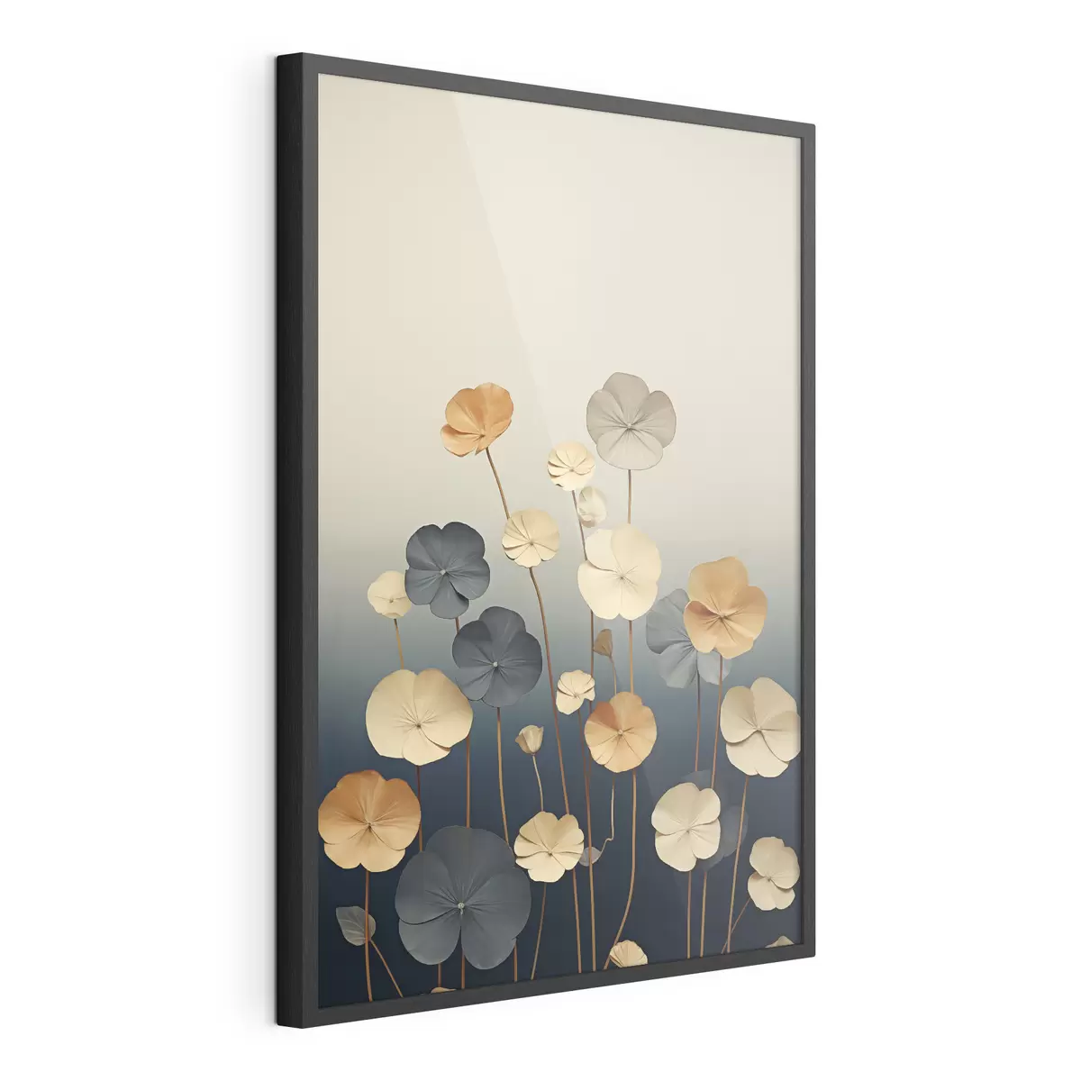 Poster Foglie di ninfea su uno sfondo tenue nei toni del beige e del blu scuro f48733