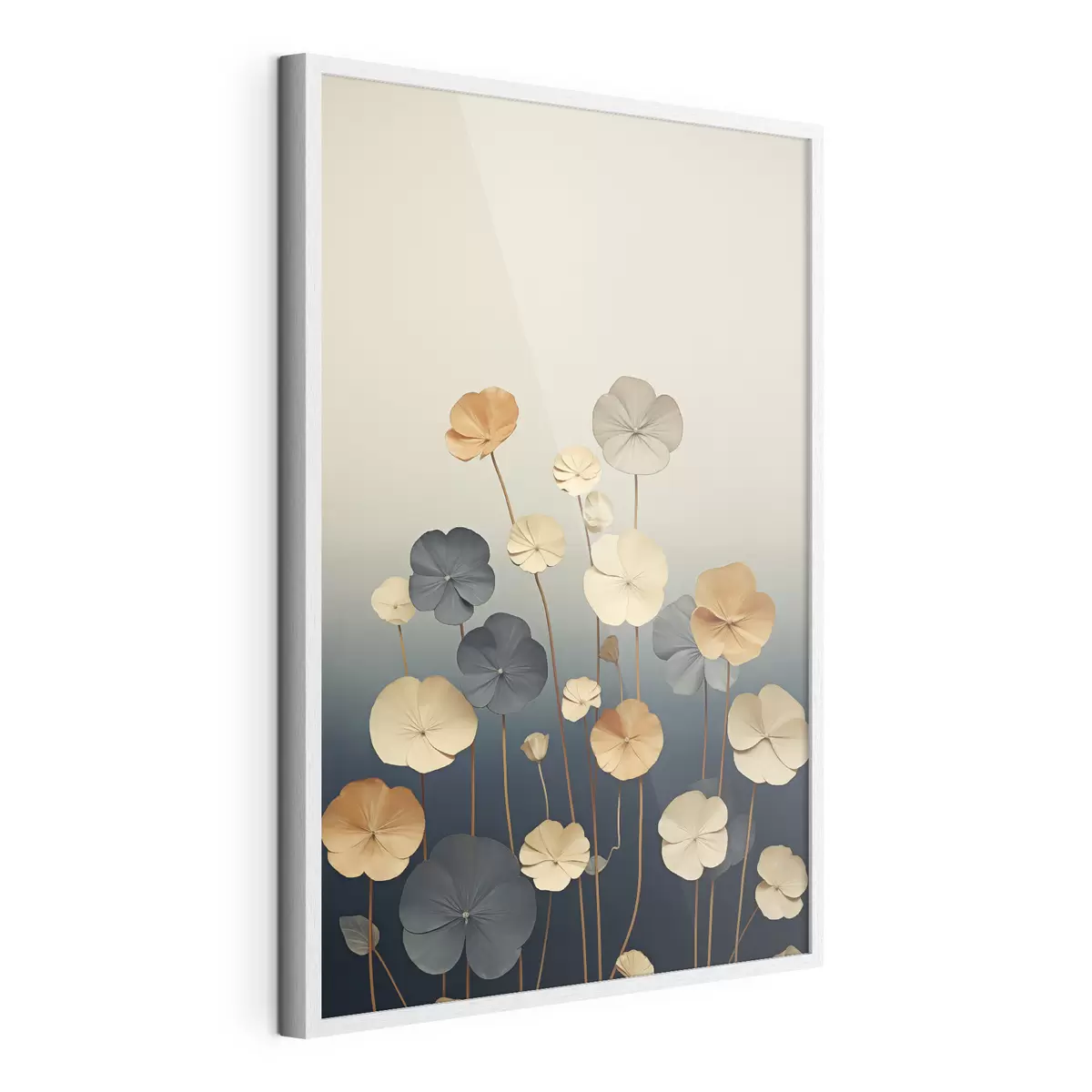Poster Foglie di ninfea su uno sfondo tenue nei toni del beige e del blu scuro f48733
