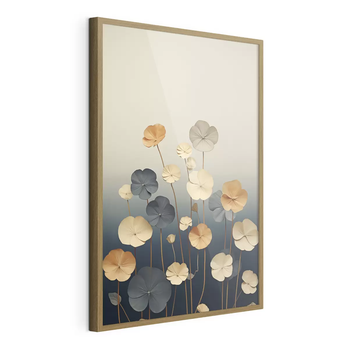 Poster Foglie di ninfea su uno sfondo tenue nei toni del beige e del blu scuro f48733