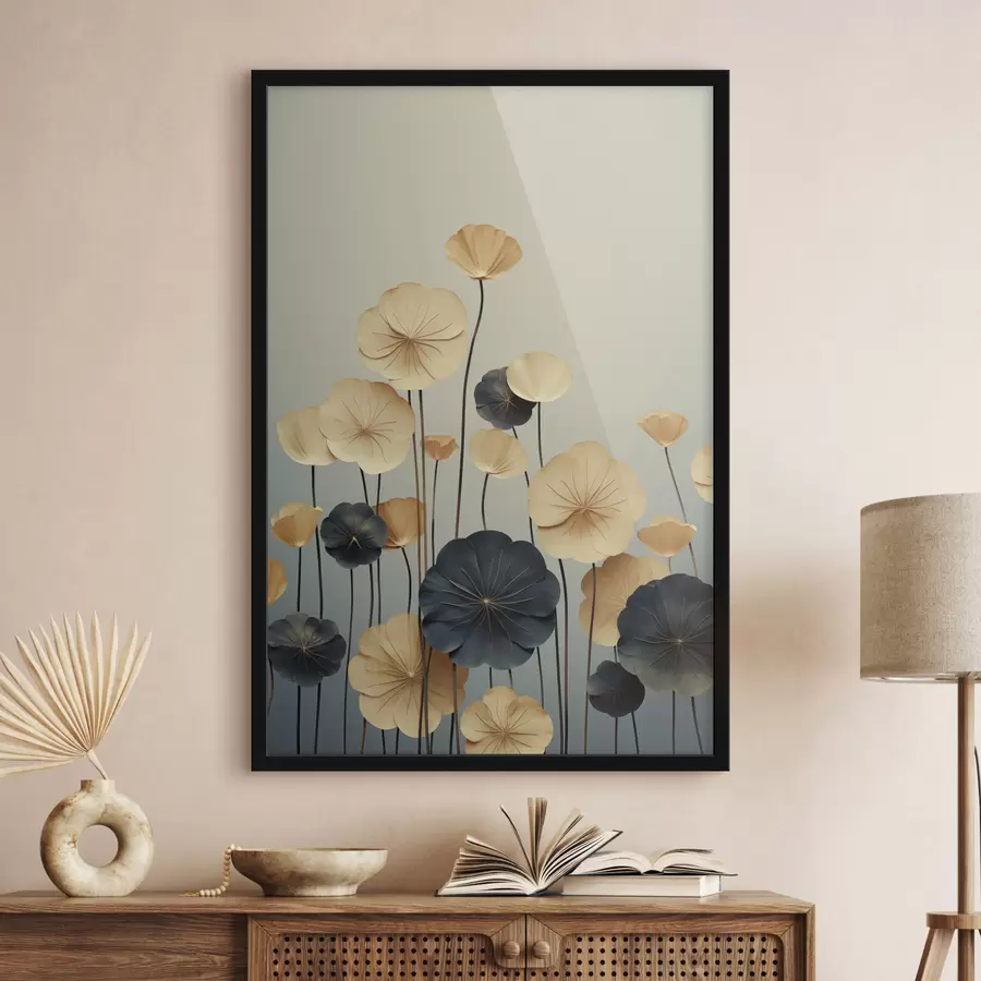 carta da parati Foglie di ninfea su uno sfondo tenue nei toni del beige e del blu scuro nr. f48734